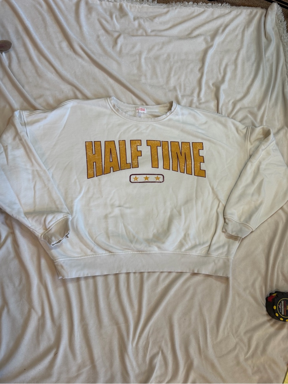 Half Time White Crop Sweatshirt with Gold Lettering